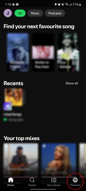 Spotifyアプリで強調表示されているSpotifyプレミアムアイコン