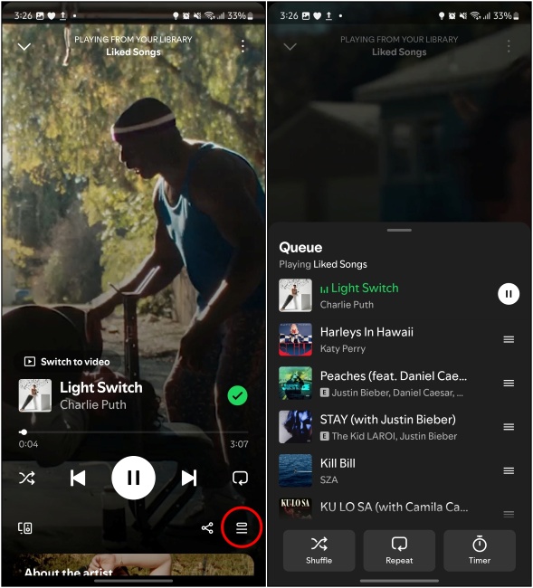 Spotifyで強調表示されているキューボタンを示す画像