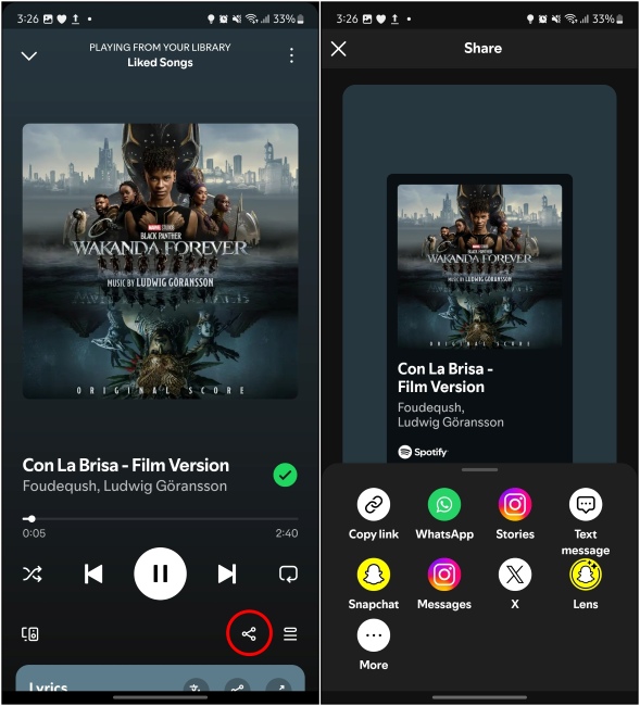 Red CircleとSpotifyの共有メニューで強調表示されている共有ボタンを示す画像
