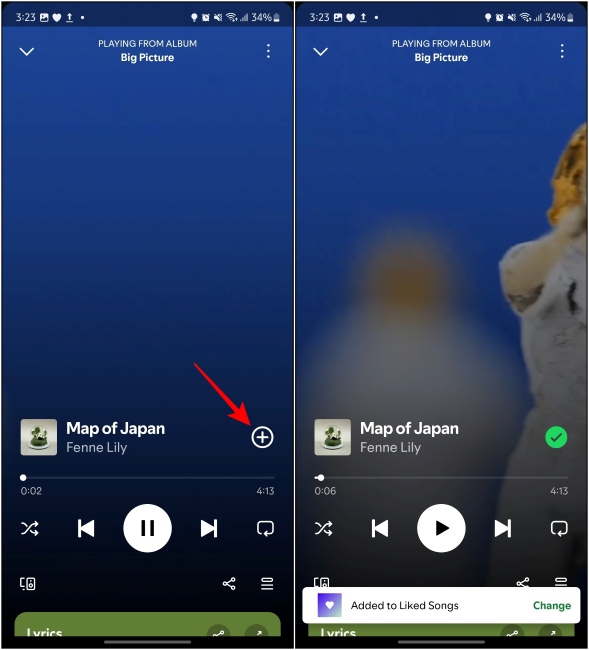 アイコンの内側のプラスを備えた円を使用して、好きなプレイリストに音楽を追加します