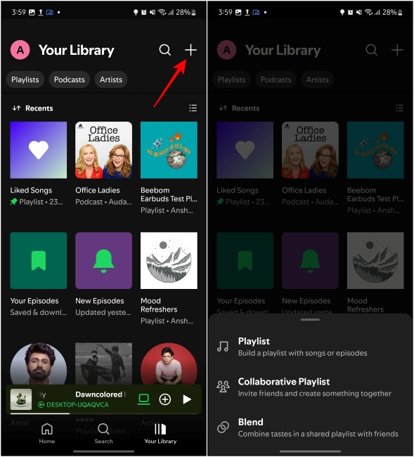 Plusアイコンを使用して、Spotifyのプレイリストとブレンドオプションを表示します