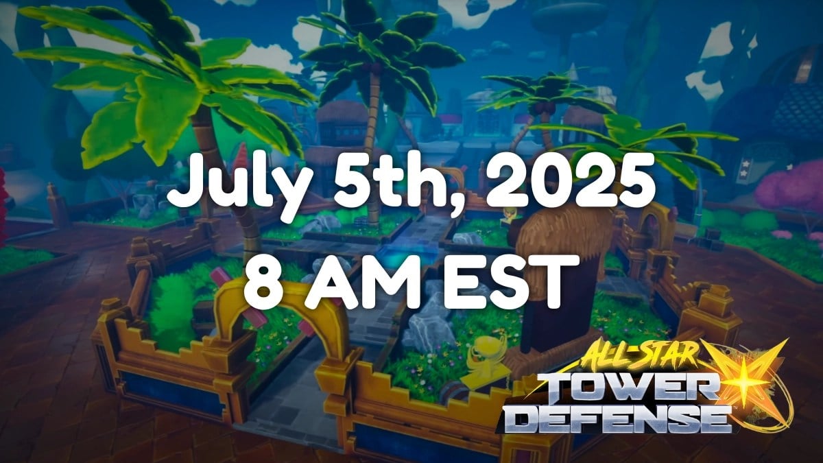 All Star Tower Defense X Roblox体験のメインロビーの写真で、中央にはリリース日、2025年7月5日が記載されています。
