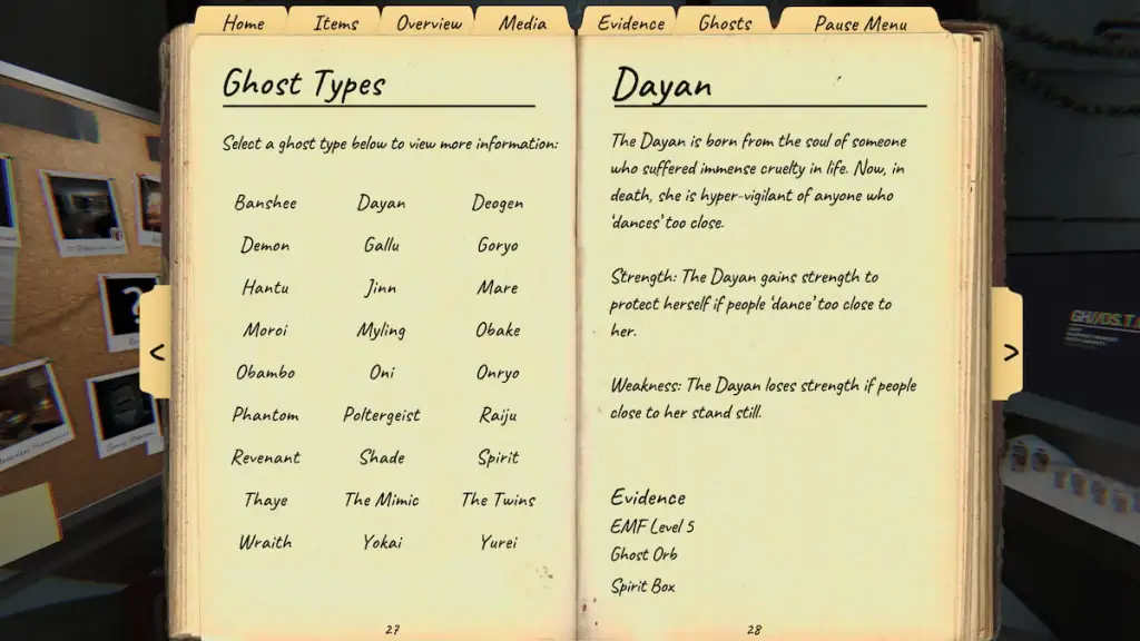 Dayan evidence page in Phasmophobia