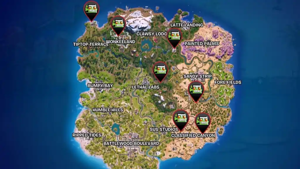 フォートナイトでマークされたフラッシャーの地図の場所