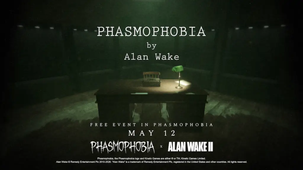 Alan Wake and Phasmophobia collab event art featuring desk in lobby