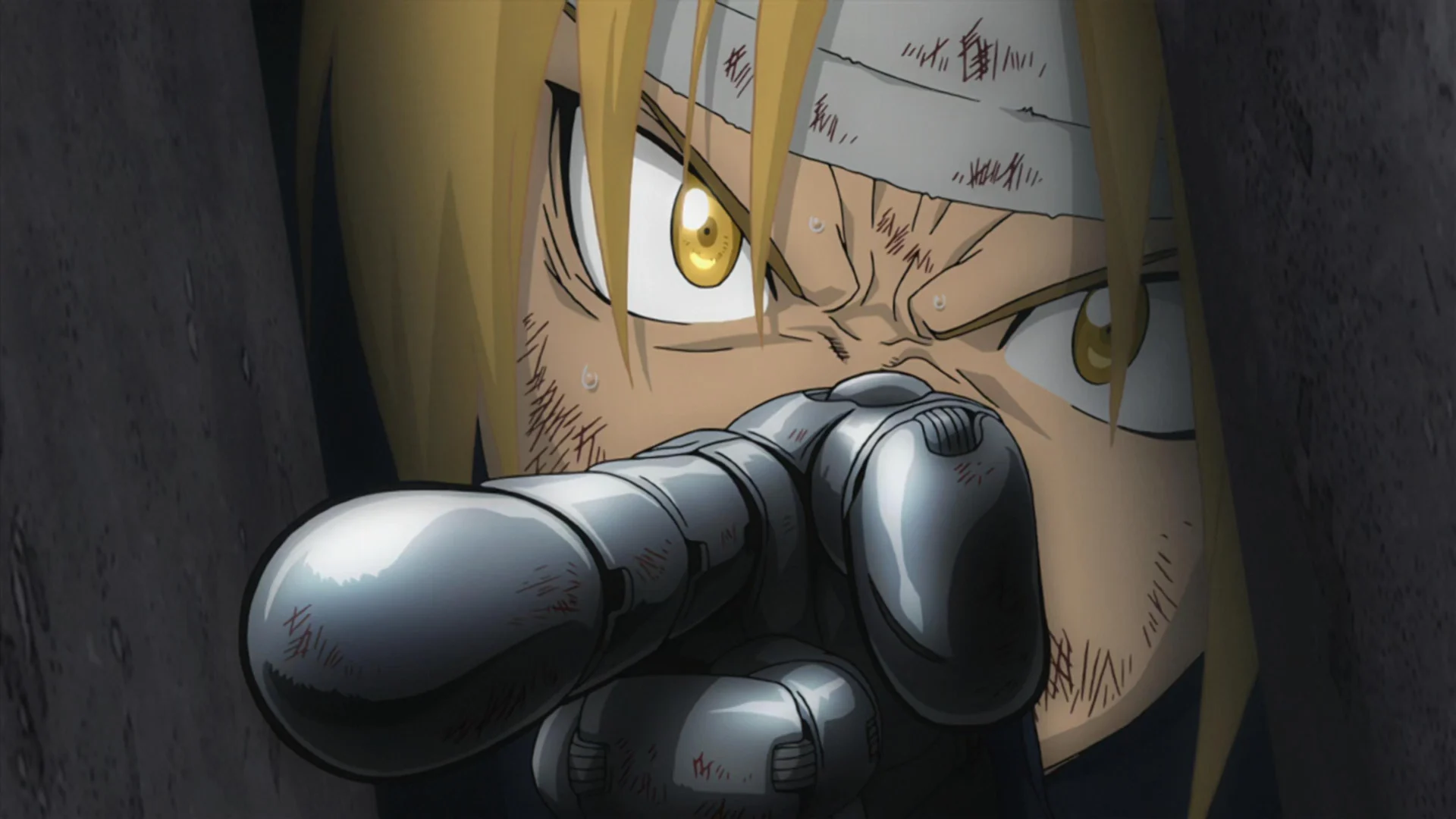 鋼の錬金術師 FULLMETAL ALCHEMIST BROTHERHOOD の、決意を込めて指を差すエドワードの静止画。