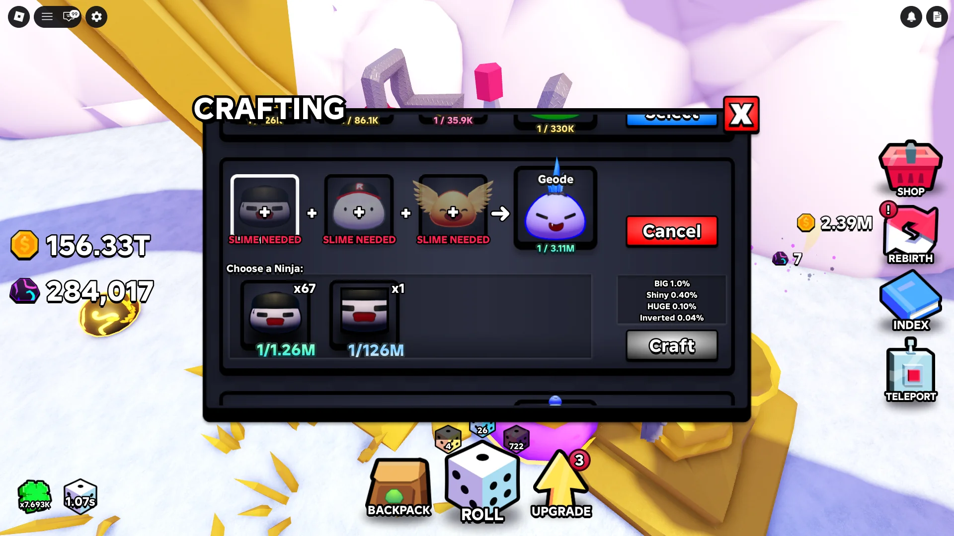 How to craft Slimes using crafting recipes in Slime RNG Roblox experience.
