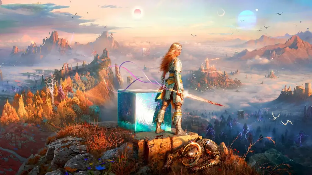 Faye and the cosmic cube Phranque standing on a mountain overlooking a fantastical world in God of War Laufey.